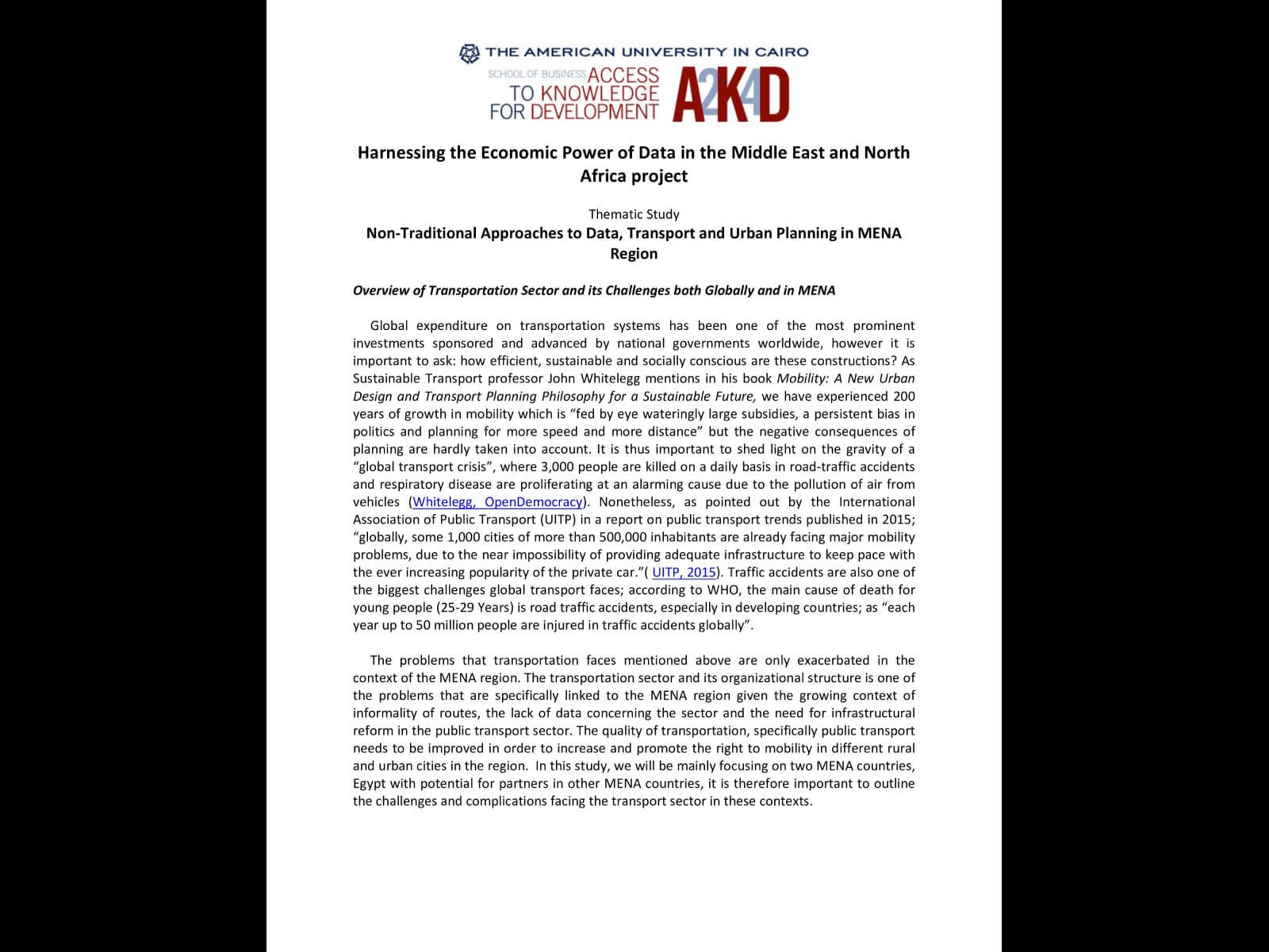 Non-Traditonal Approaches to Transportation Data and Urban Planning in the MENA Region